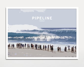 May include: A digital illustration of a large wave breaking in the ocean with a group of people standing on the beach watching. The text "PIPELINE HAWAII" is at the top of the image.