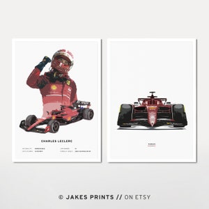 Set van 2 Charles Leclerc en Ferrari Formule 1 Posters Digitale Download F1 Wall Art Cadeau voor hem F1 Poster Vintage Retro Formule 1 Print