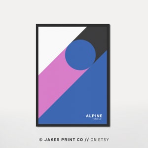 Puede incluir: Impresión de arte abstracto geométrico con un círculo azul, formas rosas, negras y azules, y el texto "Alpine Fórmula 1".