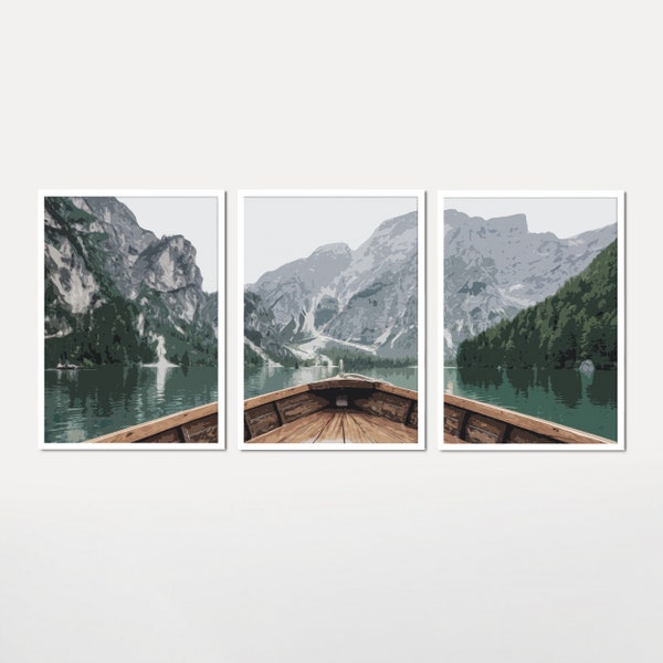 3 Piece Lake Wall Art Print Set of 3 Mountain Landscape Art Lakehouse Print Nature Art Print Modern Art Minimalist Adventure Retro Poster