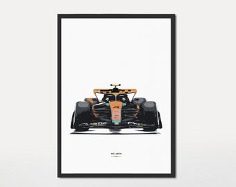 May include: A digital illustration of a McLaren Formula 1 race car in orange, black, and blue. The car is facing the viewer and is set against a white background.