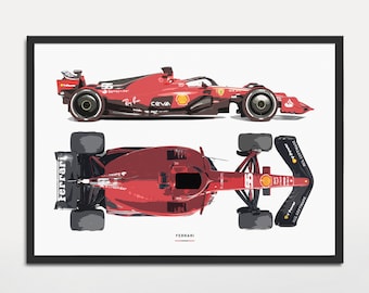 May include: Framed print featuring a red Ferrari Formula 1 race car, shown from side and top views. The side view displays the car's sleek design, while the top view highlights its aerodynamic features. The word "Ferrari" is printed at the bottom.