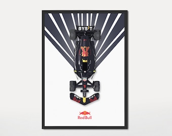 May include: A black and red Formula 1 race car with the words "Bybit" and "Red Bull" on it. The car is on a white background with black and white stripes.