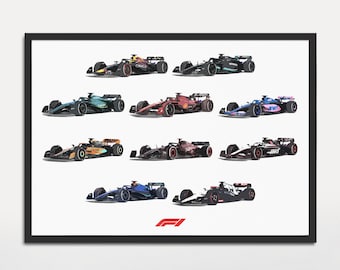 Puede incluir: Una ilustración digital de los coches de Fórmula 1 de 2022, incluyendo Ferrari, Red Bull, Mercedes y McLaren. Los coches se muestran en sus respectivos colores y diseños de equipo. La imagen incluye el logotipo de la Fórmula 1.