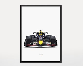 May include: A black and yellow Formula One race car with the Red Bull logo on the side. The car is facing the camera and the front wheels are turned slightly to the left. The car is on a white background.