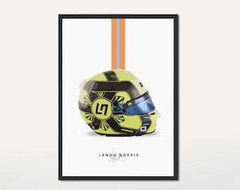 Puede incluir: Un casco de carreras amarillo y negro con una visera azul. El casco tiene un gran número "4" en el lateral. El texto "LANDO NORRIS" está debajo del casco.