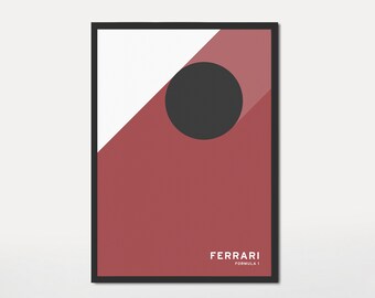 May include: A minimalist geometric print featuring a black circle on a red and white background. The text "FERRARI FORMULA 1" is at the bottom of the print.