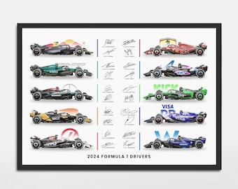 May include: A poster featuring illustrations of Formula 1 race cars from the 2024 season. Each car is depicted with its team's livery and sponsor logos. The drivers' signatures are included below each car. The text "2024 Formula 1 Drivers" is at the bottom of the poster.
