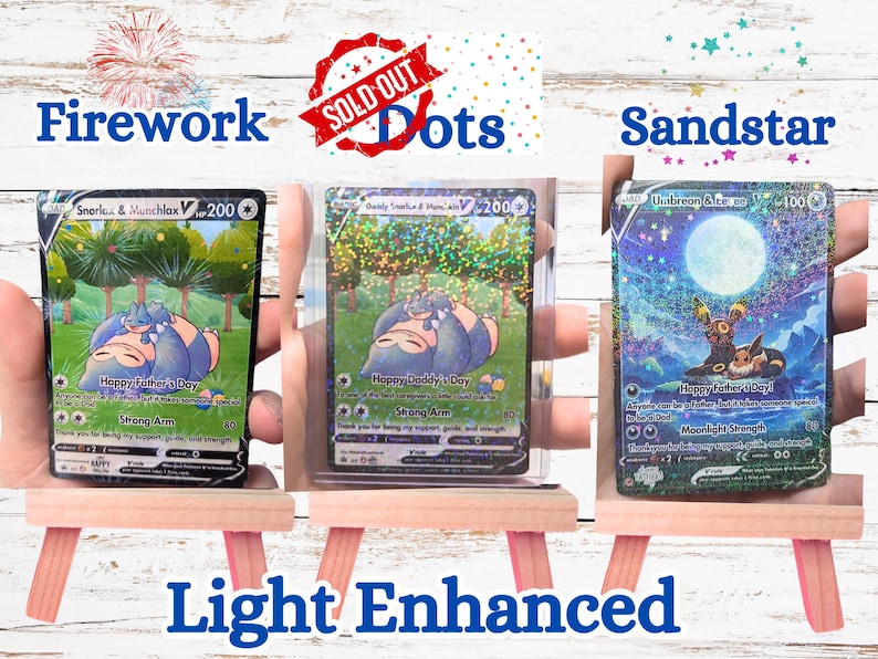 May include: Three rectangular trading cards featuring Pok&eacute;mon characters. The first card shows Snorlax and Munchlax with the text Happy Father's Day. The second card is in a clear case. The third card shows Umbreon and Eevee under a full moon.