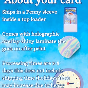 May include: A blue background with white text reading About your card. It displays a Pokemon card in a clear sleeve and top loader, a circular holographic laminate sticker, and a clock icon representing time frames for processing and shipping.