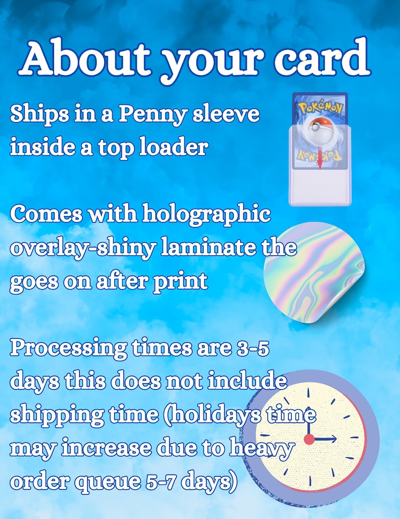May include: A blue background with white text reading About your card. It displays a Pokemon card in a clear sleeve and top loader, a circular holographic laminate sticker, and a clock icon representing time frames for processing and shipping.