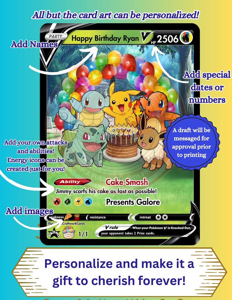 May include: A custom trading card featuring Pikachu, Squirtle, Charmander, Bulbasaur, and Eevee around a birthday cake with balloons. Text includes "Happy Birthday Ryan", "Cake Smash", "Presents Galore", and "1/1". The card displays energy icons and V-rule text.
