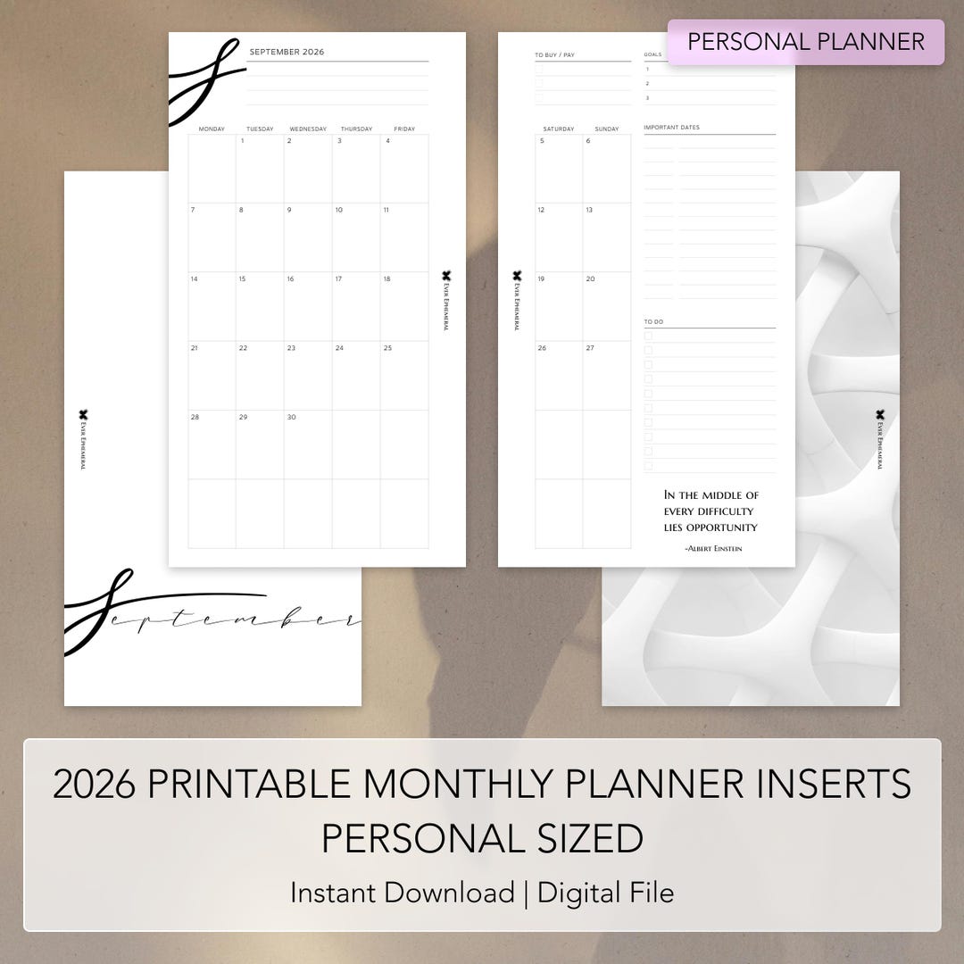 2026 Printable Monthly Planner Inserts | Personal Size | Digital ...