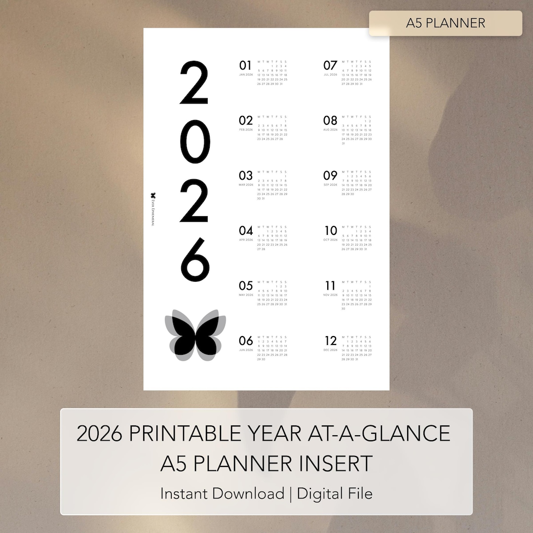 2026 Printable A5 Calendar Year At-a-glance Planner Insert | A5 Size ...