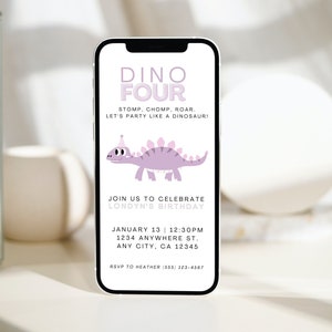 Editable Dino Four Mobile Birthday Invitation Fourth Birthday Dinosaur Party Digital Template Purple