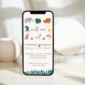 Editable Wild One Mobile Birthday Invitation, Digital, First, 1st Birthday, Safari, Zoo
