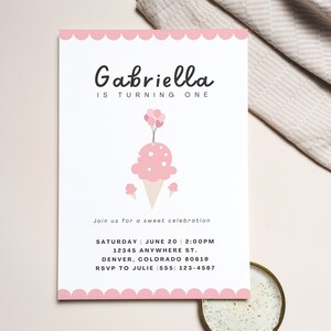 Editable Pink First Birthday Ice Cream Girl Invitation, Ice Cream Party 1st Birthday Invitations, INSTANT DOWNLOAD