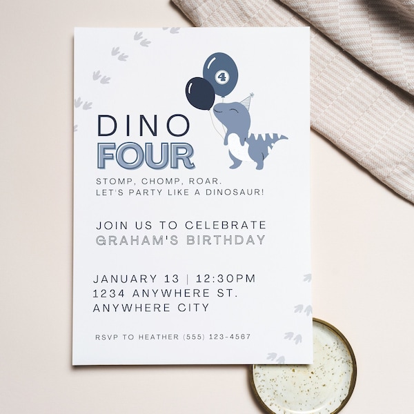 Editable Dino Four Blue Boy Birthday Invitation, Modern Dinosaur Invite, Fourth Birthday Invitations, INSTANT DOWNLOAD