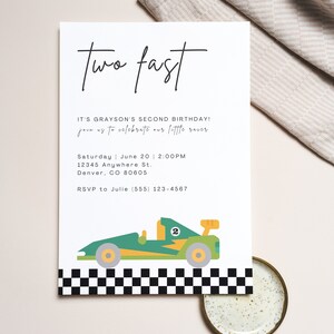 Editable Green Two Fast Boy Invitation, Second Birthday Invitations, INSTANT DOWNLOAD