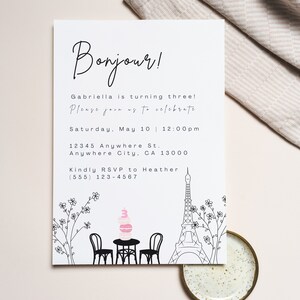 Paris Theme Birthday Party Invitation, Girl Bonjour Birthday Invitation, INSTANT DOWNLOAD