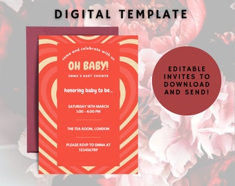 invitación de baby shower, plantilla digital, invitación electrónica de baby shower, invitación colorida, descarga instantánea