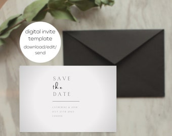 invitación mínima para guardar la fecha, invitación de plantilla digital, invitación para guardar la fecha en blanco y negro, plantilla de invitación de boda, descarga instantánea