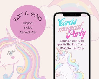 invitación de unicornio digital, plantilla de cumpleaños electrónica, invitación de fiesta de cumpleaños, plantilla de invitación de cumpleaños mágica, descarga instantánea