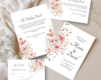 Wildflower Wedding Invitation Template Set, Printable Pink Floral Wedding Invite, Digital Floral Invitation Bundle, 0059