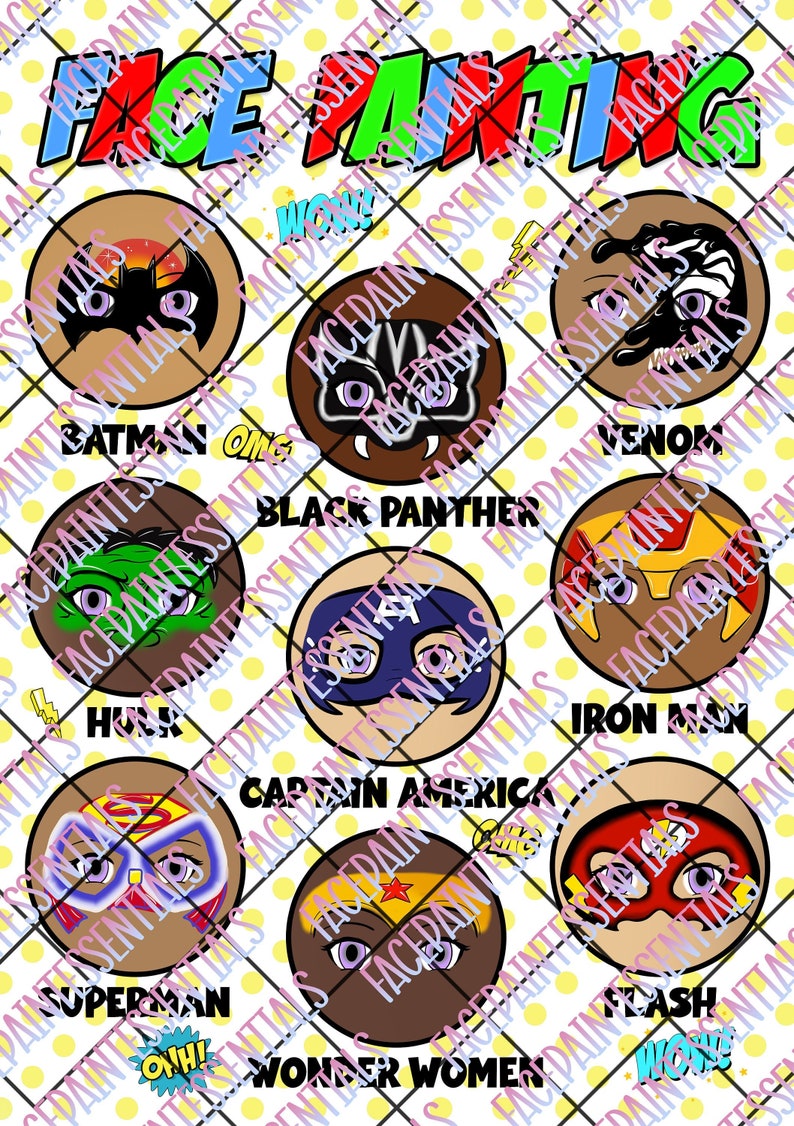 Printable Superhero Face Paint Design Board, Designs for Face Painters ...