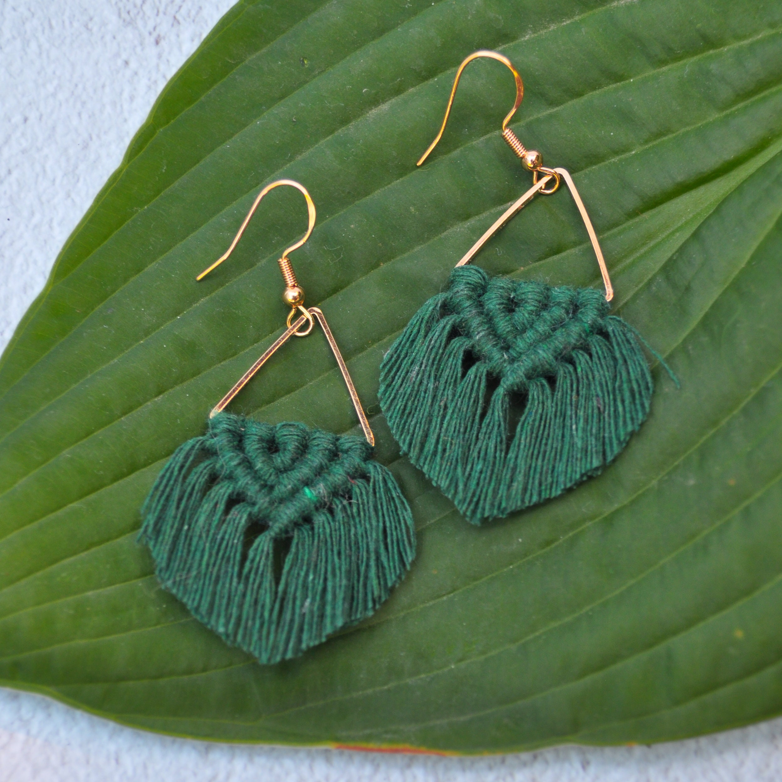 Handmade Bohemian Triangle Drop Earrings Macrame Fringe Earring Gold