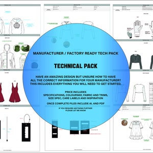 May include: A technical pack for clothing manufacturers. It includes information on specifications, colorways, fabrics, trims, size specifications, care labels, and inspiration. The document also includes a price list and a list of files included in the pack.