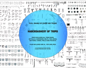 以下が含まれることがあります： 白地に「FULL BANK OF OVER 100 TRIMS」と「HABERDASHERY OF TRIMS」の文字が書かれた青い円。円は、ボタン、バックル、リボン、ポケット、ジッパーなど、さまざまな黒と白のトリムのイラストで囲まれています。