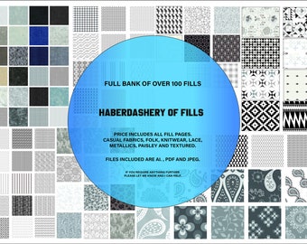 以下が含まれることがあります： 白文字で「FULL BANK OF OVER 100 FILLS」と「HABERDASHERY OF FILLS」と書かれた青い円。円は、ペイズリー、水玉模様、ストライプ、幾何学模様など、100種類の異なるパターンで構成されたグリッドで囲まれています。
