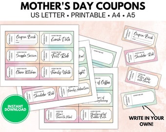 Printable Mother's Day Coupon Book | Instant Printable Gift for Mom | Watercolor Design Pattern | Thoughtful Gesture | Digital Download