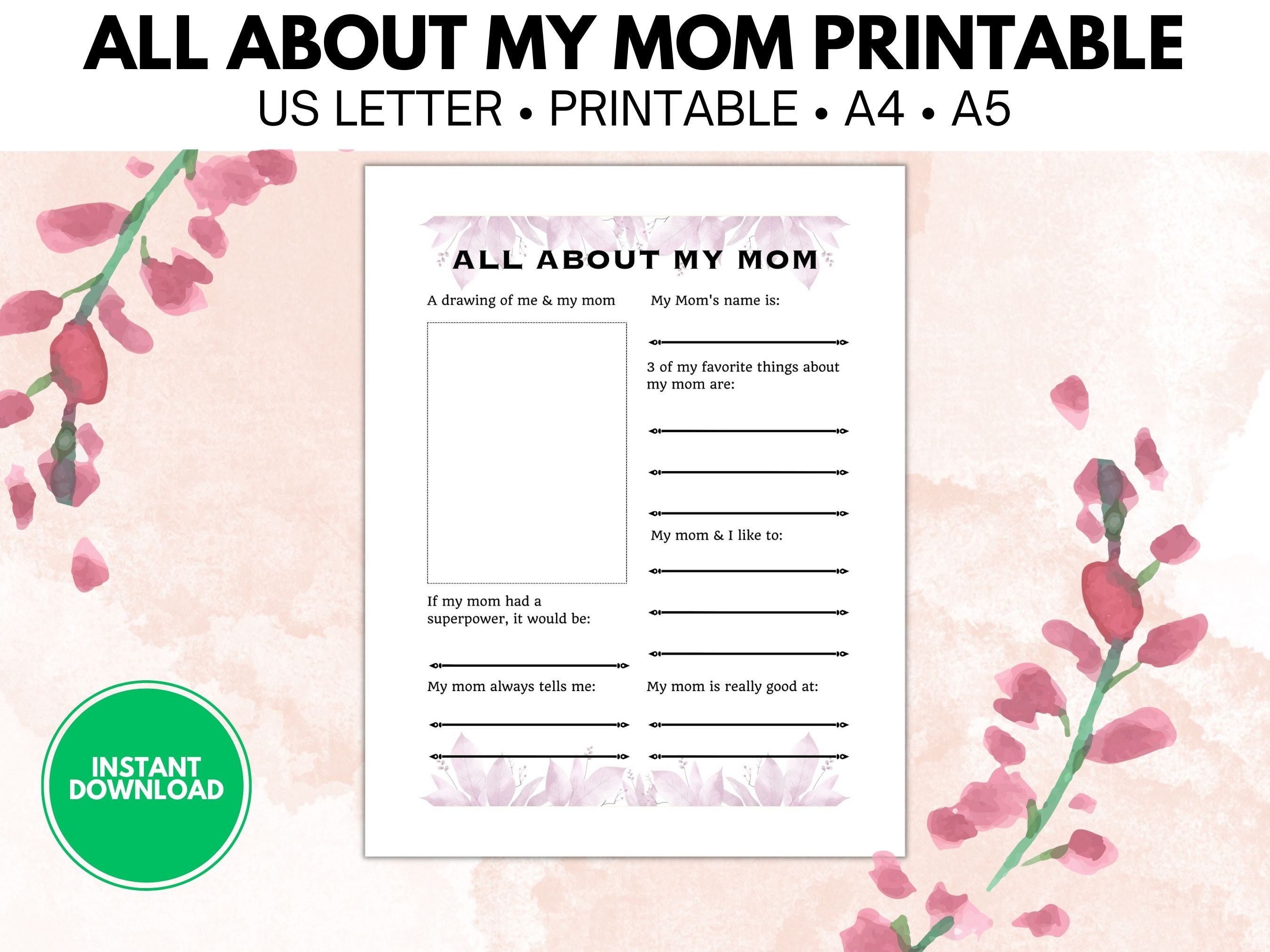 All About My Mom Printable Instant Printable Gift for Mom Floral Design Pattern Digital Download ...