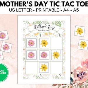 Printable Mother&#39;s Day Tic Tac Toe Game | Instant Printable Gift for Mom | Floral Design Pattern | Digital Download