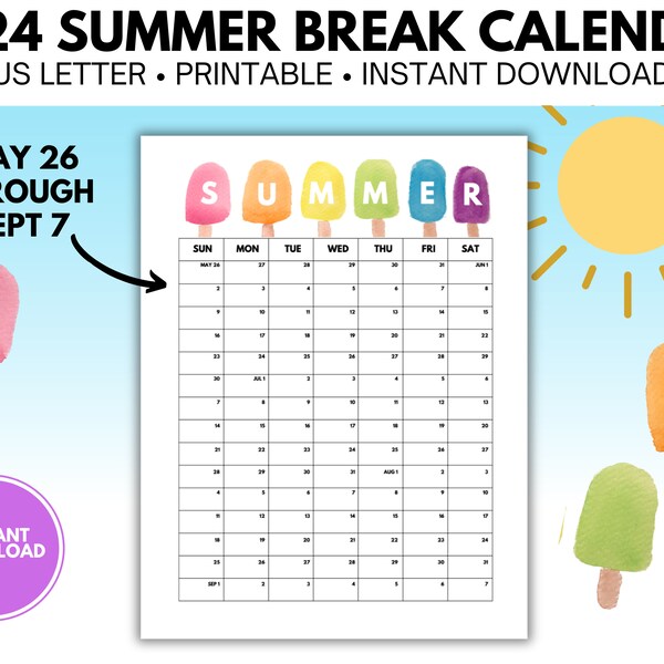 2024 Dated Summer Break Printable Calendar June - July - August - Planner - Vacation - Instant Download - Three Month Plan -  For Family