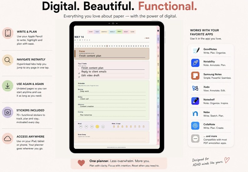 ADHD Digital Planner for iPad | Undated Goodnotes, Light/dark Mode, 70 ...