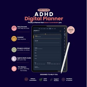 Dark Mode ADHD Planner | Hyperlänkad GoodNotes Planner + 70 klistermärken