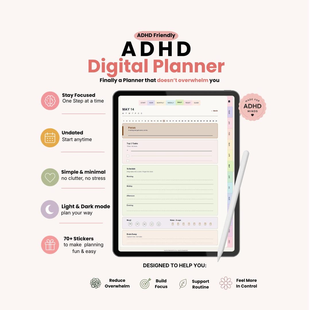 ADHD Digital Planner for iPad | Undated Goodnotes, Light/dark Mode, 70 ...