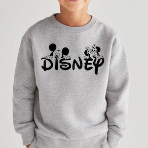 Pu&ograve; includere: Una felpa grigio chiaro con la scritta "DISNEY" in nero, con grafiche di Topolino e Minnie Mouse sopra le lettere. La felpa &egrave; a girocollo e sembra essere realizzata in un materiale morbido.