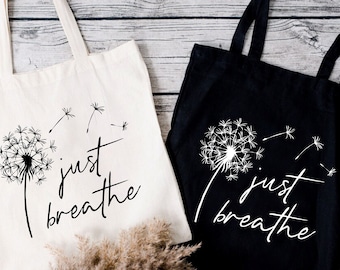 Just Breathe Tote Bag Inspirational Quotes Good Vibes Positive Quotes Totes Meditation Gifts Yoga Teacher Gift Cute Tote Bag Positive Gifts