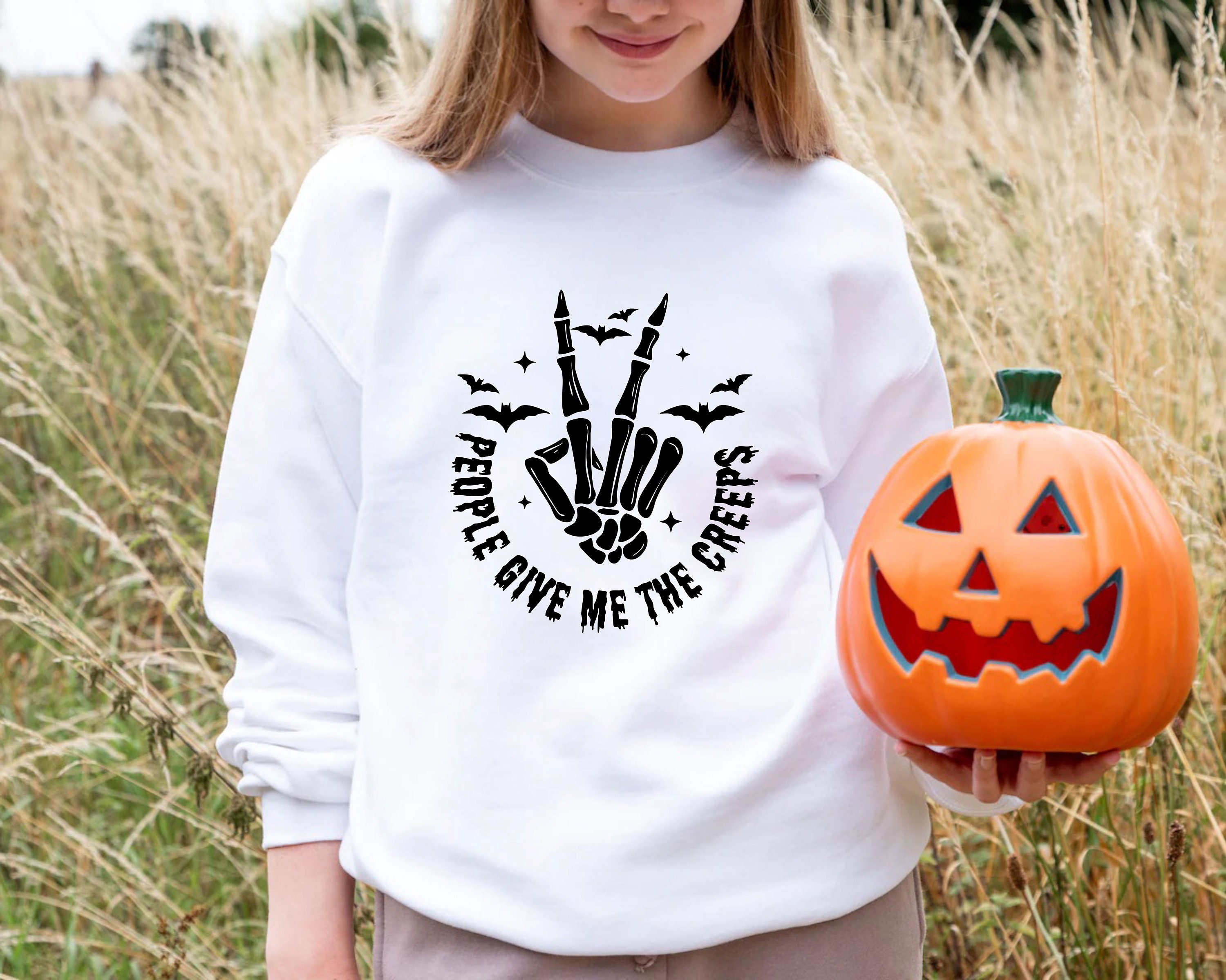 Discover People Give Me The Creeps Sweatshirt, Skeleton Hands, Peace Symbol, Scary Season Sweater, Bats Motif, Spooky Design, Witchy Halloween Spirit