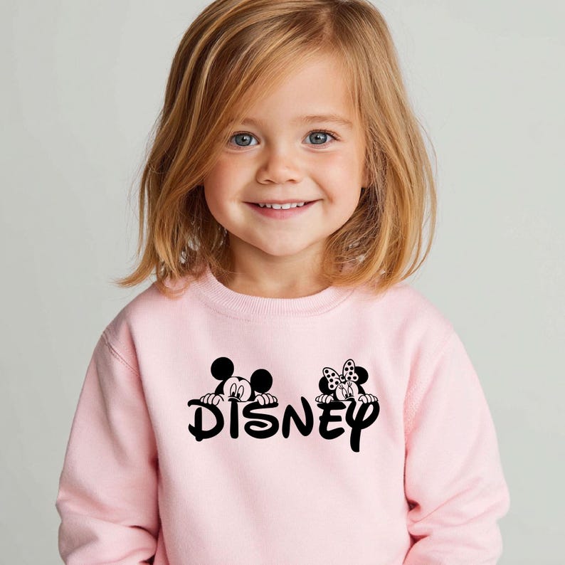 Pu&ograve; includere: Una felpa rosa chiaro con il logo Disney, con Topolino e Minnie. La grafica nera include la parola "Disney" e i personaggi. La felpa &egrave; indossata da un bambino piccolo.