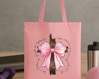 Christian Cross Coquette Tote Bag Religious Gift Pink Bow Bible Verse Shoulder Bag Christian Tote Bags Christian Gifts Church Bag Bulk Gifts