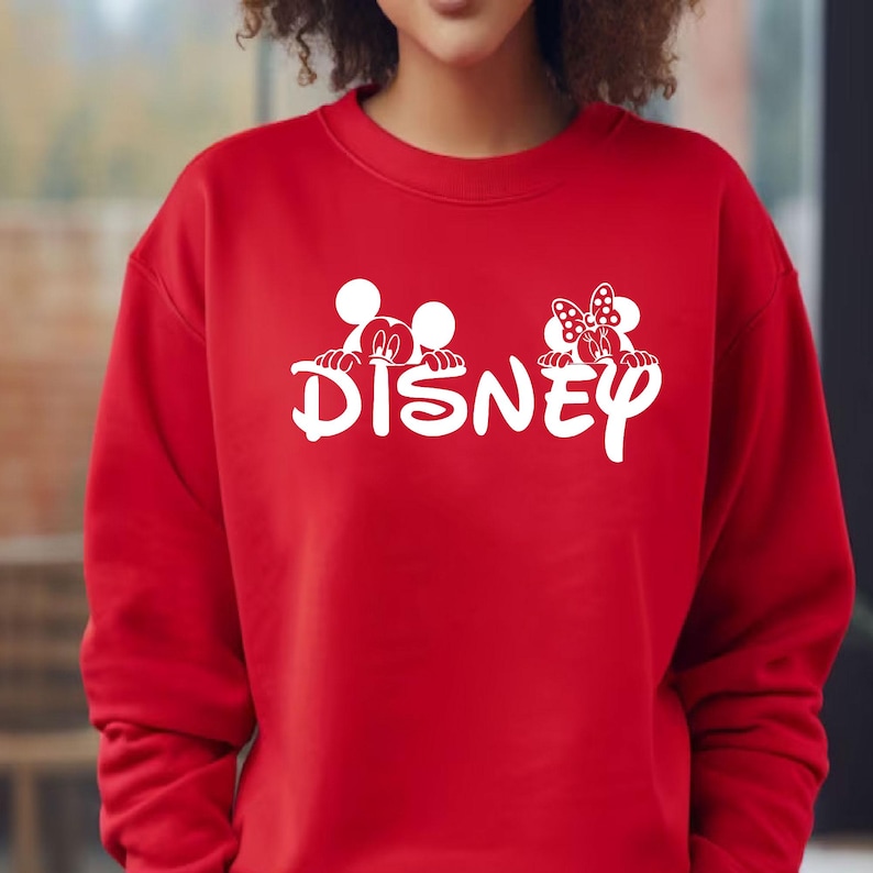 Pu&ograve; includere: Una felpa rossa con la scritta bianca "Disney" e grafiche di Topolino e Minnie. La felpa &egrave; di colore rosso pieno.