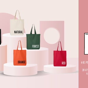 May include: Five tote bags in different colors: black, natural, forest green, orange, and red. Each bag has a white text label with the color name. The tote bag is made of 100% cotton with self-fabric handles. The text on the image reads: "TOTE BAG 6 oz/yd (US), 10 oz/L yd (CA), 100% COTTON 20 1/2" SELF-FABRIC HANDLES 9 1/2" HANDLE DROP"