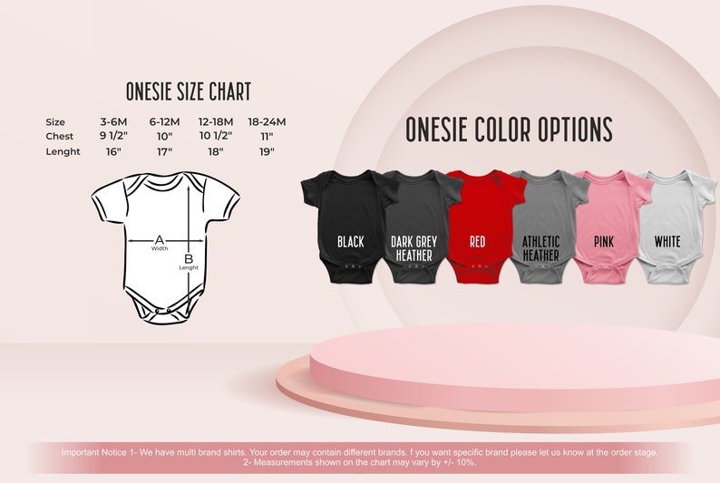 May include: Onesies size chart with measurements in inches. Onesie color options: black, dark grey heather, red, athletic heather, pink, white.