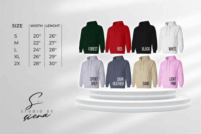 May include: A size chart for hoodies with different colors and sizes. The colors include forest, red, black, white, sport grey, dark heather, sand, and light pink. The sizes are S, M, L, XL, and 2X. The width and length of each size are listed in inches.