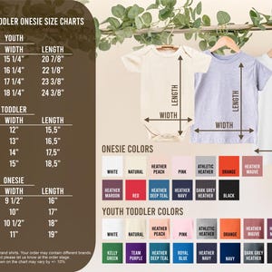 May include: Size chart for unisex youth toddler onesies and t-shirts. The chart includes measurements for youth sizes S, M, L, and XL, toddler sizes 2T, 3T, 4T, and 5T, and onesie sizes 3-6M, 6-12M, 12-18M, and 18-24M. Color swatches are also shown.